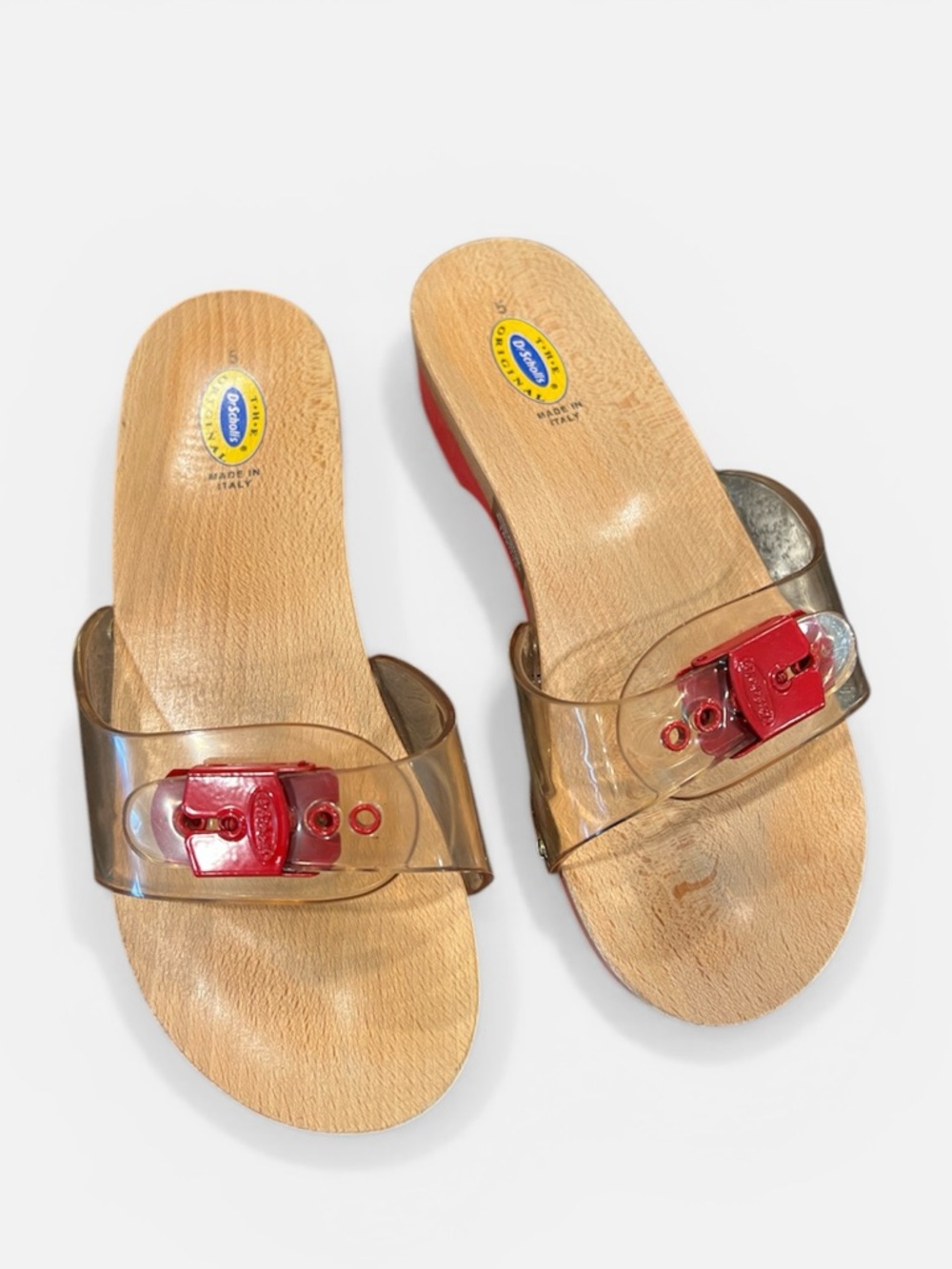 Dr. Scholl’s The Original Vintage Clear Strap Sandals Red Buckle Size 5